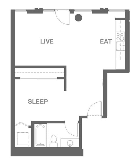 Floor plan for 1 bed, 1 bath, 610 sqft